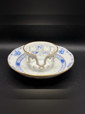HEREND Vintage Waldstein Blue Hand Painted Porcelain Trembleuse Cup Saucer